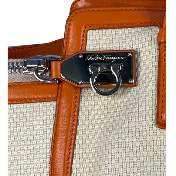 Salvatore Ferragamo Woven Canvas Leather Tote Bag Orange Trim Italy - Picture 2 of 13
